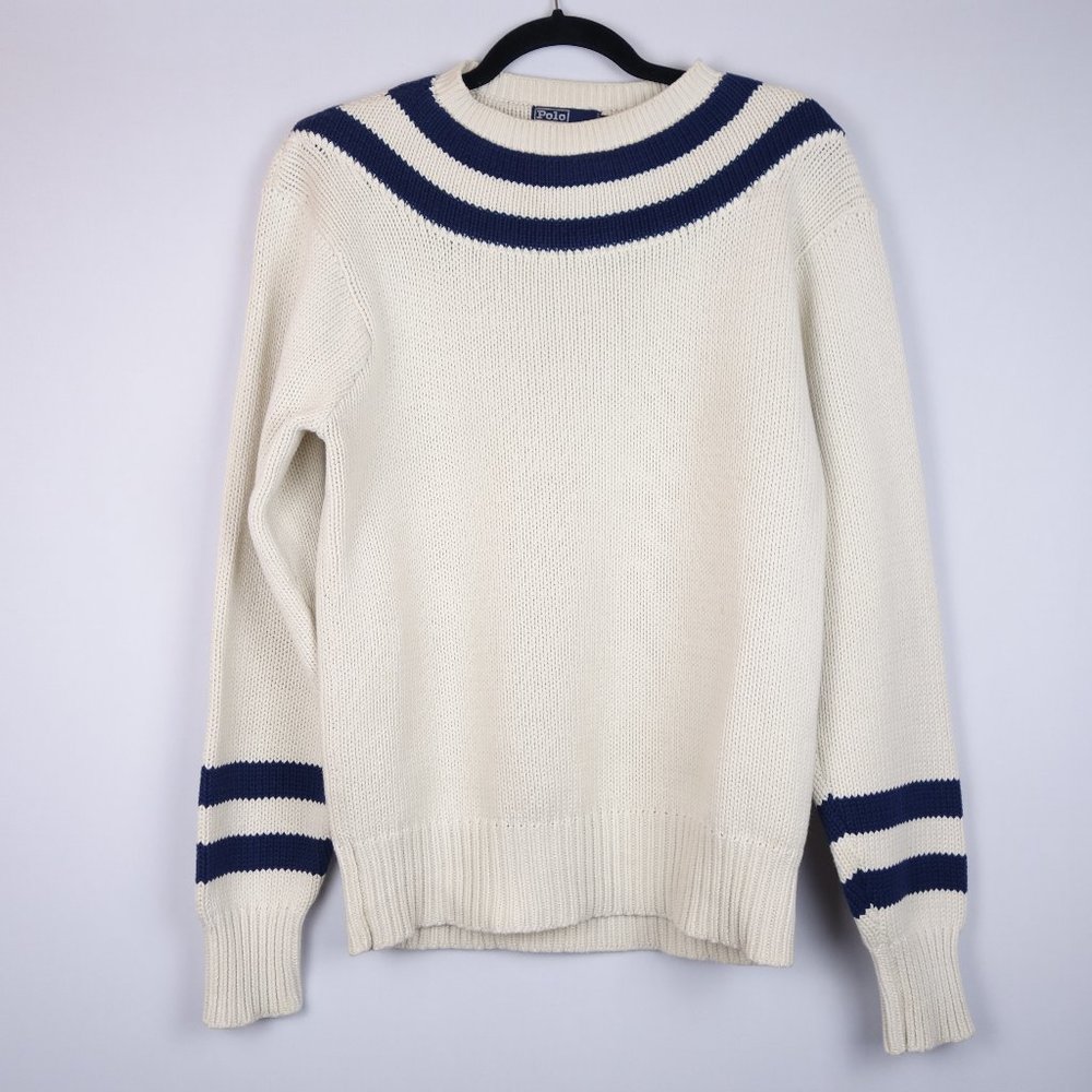 Vtg Ralph Lauren White & Blue Stripe University Tennis Crewneck Sweater, Size M